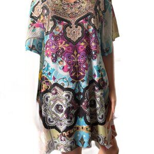 Cover Charge Women's Size Large Tunic Top Short Sleeves V-Neck Rhinestones